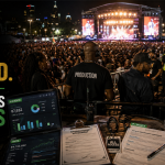 Black music festival crowd with audience analytics, sponsorship agreements, advertising data and music rights documents illustrating who controls and monetizes access to Black audiences.