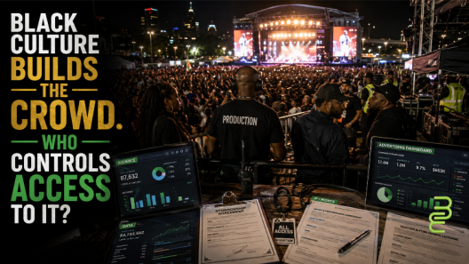 Black music festival crowd with audience analytics, sponsorship agreements, advertising data and music rights documents illustrating who controls and monetizes access to Black audiences.