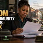 Black community lender reviews financing documents in an office overlooking neighborhood businesses, with the U.S. Treasury building in the distance.