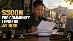 Black community lender reviews financing documents in an office overlooking neighborhood businesses, with the U.S. Treasury building in the distance.