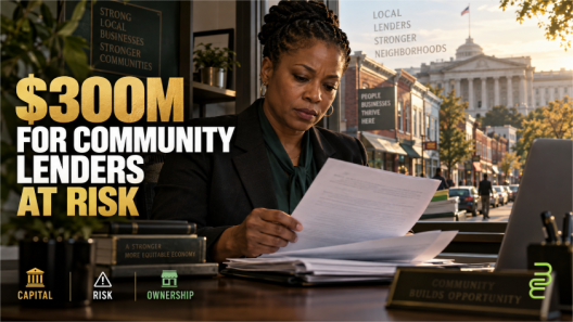 Black community lender reviews financing documents in an office overlooking neighborhood businesses, with the U.S. Treasury building in the distance.