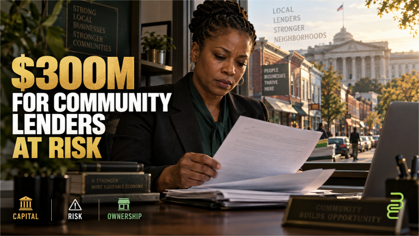 Black community lender reviews financing documents in an office overlooking neighborhood businesses, with the U.S. Treasury building in the distance.