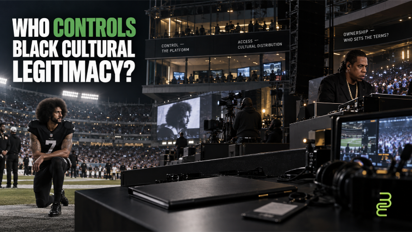 Colin Kaepernick and Jay-Z representing protest, cultural influence and institutional control in the NFL.