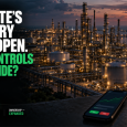 Refinery at dusk with a share-purchase phone, investment papers and unequal ownership blocks beneath the headline “Who controls the upside?”