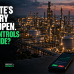 Refinery at dusk with a share-purchase phone, investment papers and unequal ownership blocks beneath the headline “Who controls the upside?”