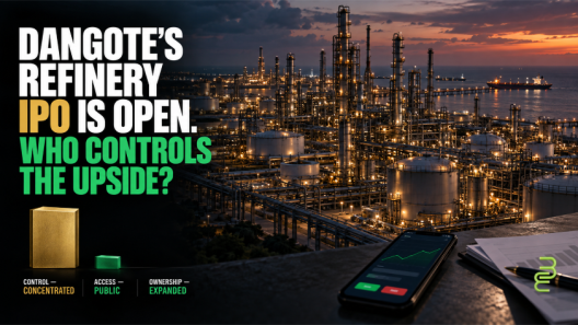 Refinery at dusk with a share-purchase phone, investment papers and unequal ownership blocks beneath the headline “Who controls the upside?”