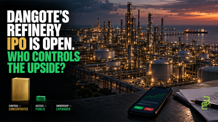 Refinery at dusk with a share-purchase phone, investment papers and unequal ownership blocks beneath the headline “Who controls the upside?”