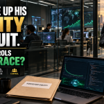 Researcher leaves a glass-walled AI lab as a forfeited equity document sits beside active model-development screens, illustrating questions about ownership, capital, risk, and control in the AI race.
