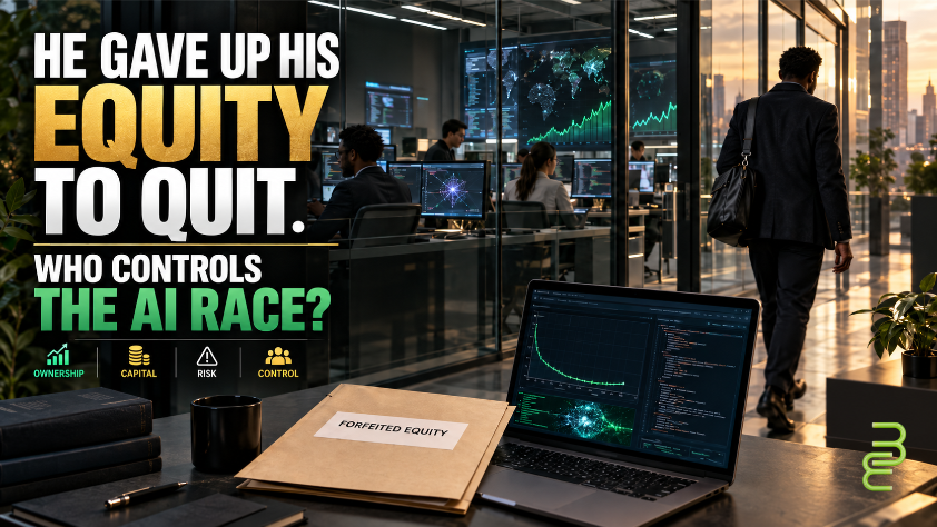 Researcher leaves a glass-walled AI lab as a forfeited equity document sits beside active model-development screens, illustrating questions about ownership, capital, risk, and control in the AI race.