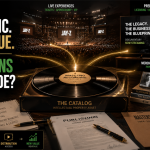 Editorial image showing a music catalog as the central intellectual property asset generating value through live events, premium television, merchandise, licensing, and distribution.