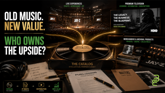 Editorial image showing a music catalog as the central intellectual property asset generating value through live events, premium television, merchandise, licensing, and distribution.