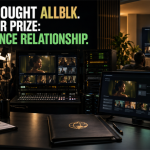 Conceptual scene linking film production through a streaming control room to Black viewers at home, with a headline about MACRO buying ALLBLK.