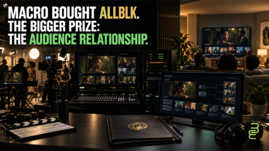 Conceptual scene linking film production through a streaming control room to Black viewers at home, with a headline about MACRO buying ALLBLK.