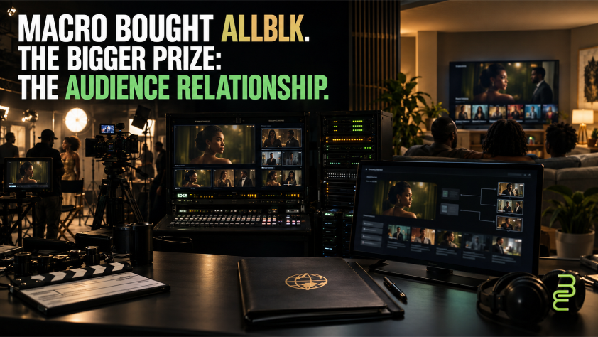 Conceptual scene linking film production through a streaming control room to Black viewers at home, with a headline about MACRO buying ALLBLK.