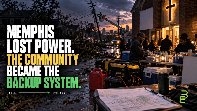 Memphis community relief station using generators, fuel, food coolers and emergency equipment after a major storm caused widespread power outages.
