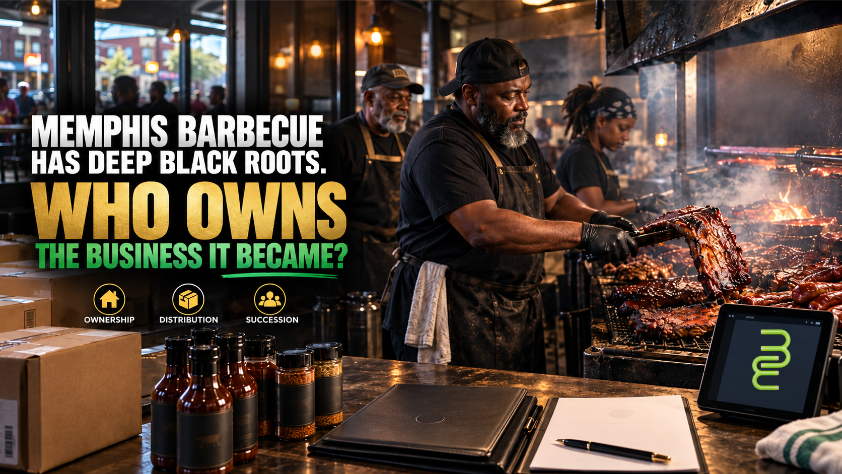 Black Memphis pitmaster tending barbecue ribs inside a multigenerational restaurant, with sauce bottles, shipping boxes and business documents representing ownership, distribution and succession.