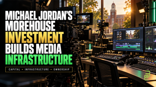 Conceptual image of a Morehouse multimedia studio with cameras and editing equipment, highlighting Michael Jordan’s investment in media infrastructure.