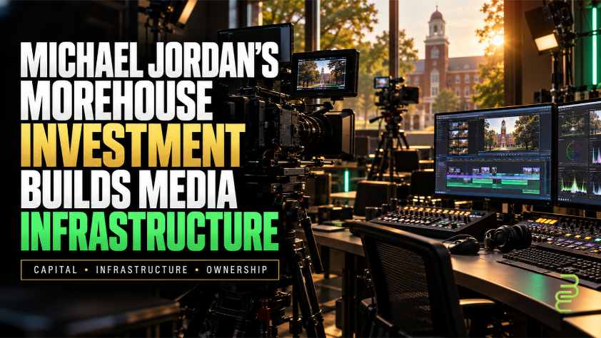 Conceptual image of a Morehouse multimedia studio with cameras and editing equipment, highlighting Michael Jordan’s investment in media infrastructure.
