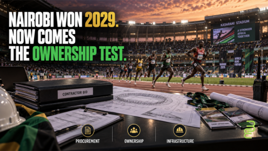 Elite African runners compete inside Nairobi’s Kasarani Stadium as contractor bids, venue plans and procurement documents highlight the commercial ownership stakes surrounding the 2029 World Athletics Championships.