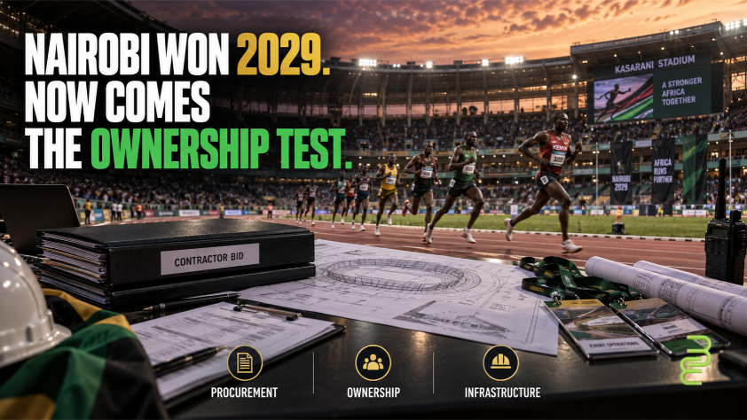 Elite African runners compete inside Nairobi’s Kasarani Stadium as contractor bids, venue plans and procurement documents highlight the commercial ownership stakes surrounding the 2029 World Athletics Championships.