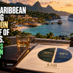 Editorial illustration of a Caribbean resort, a cruise ship, and a document showing a proposed 50–50 ownership split between Stewart interests and Royal Caribbean.