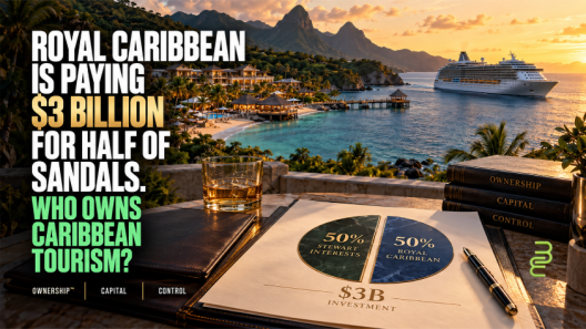 Editorial illustration of a Caribbean resort, a cruise ship, and a document showing a proposed 50–50 ownership split between Stewart interests and Royal Caribbean.