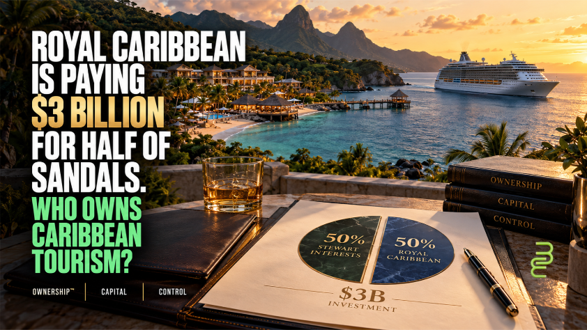 Editorial illustration of a Caribbean resort, a cruise ship, and a document showing a proposed 50–50 ownership split between Stewart interests and Royal Caribbean.