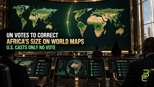 Digital world map comparing Mercator distortion with a more accurate equal-area view of Africa after a UN vote on global map standards.