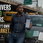 Lagos ride-hailing driver beside his car holding an inactive ride app as city transportation continues, illustrating the gap between asset ownership and market control.