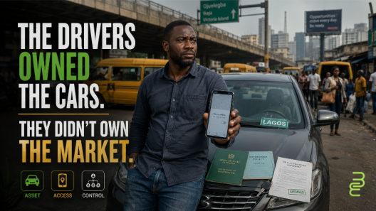 Lagos ride-hailing driver beside his car holding an inactive ride app as city transportation continues, illustrating the gap between asset ownership and market control.