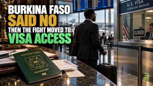 Burkinabè passport and West African business traveler facing a closed U.S. visa checkpoint, illustrating sovereignty, visa restrictions, and economic access.