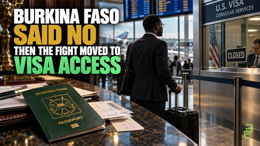 Burkinabè passport and West African business traveler facing a closed U.S. visa checkpoint, illustrating sovereignty, visa restrictions, and economic access.