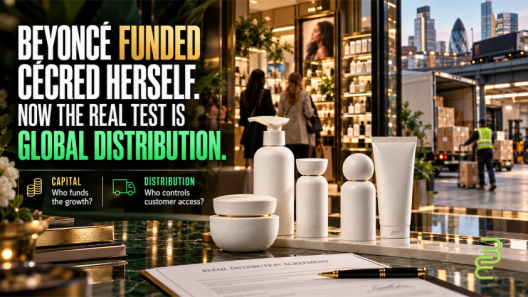 Beyoncé’s Cécred haircare represented through premium white beauty products, a retail distribution agreement, London beauty retail, and logistics infrastructure illustrating the economics of ownership and global distribution.