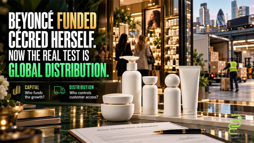 Beyoncé’s Cécred haircare represented through premium white beauty products, a retail distribution agreement, London beauty retail, and logistics infrastructure illustrating the economics of ownership and global distribution.