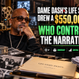 Dame Dash pictured alongside archival media, film reels, and bankruptcy auction documents, highlighting a $550,000 bid for his life-story rights and questions about ownership and control.