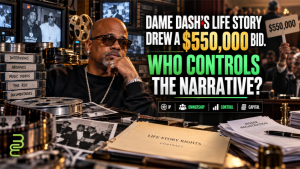 Dame Dash pictured alongside archival media, film reels, and bankruptcy auction documents, highlighting a $550,000 bid for his life-story rights and questions about ownership and control.