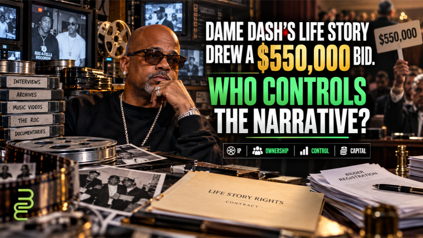 Dame Dash pictured alongside archival media, film reels, and bankruptcy auction documents, highlighting a $550,000 bid for his life-story rights and questions about ownership and control.