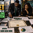 Two Black business leaders examine an ownership certificate, capital flows, lending agreements, distribution networks, and investment documents to assess economic control.