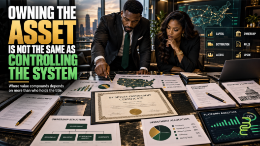 Two Black business leaders examine an ownership certificate, capital flows, lending agreements, distribution networks, and investment documents to assess economic control.
