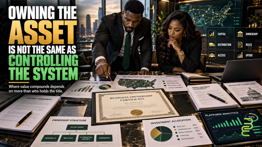 Two Black business leaders examine an ownership certificate, capital flows, lending agreements, distribution networks, and investment documents to assess economic control.