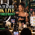 Editorial illustration of a Black beauty entrepreneur hosting a TikTok-style livestream with cosmetics, shopping checkout screens, and sales analytics, exploring Rihanna's live-commerce strategy.