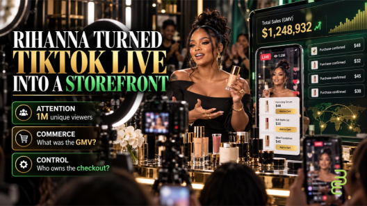 Editorial illustration of a Black beauty entrepreneur hosting a TikTok-style livestream with cosmetics, shopping checkout screens, and sales analytics, exploring Rihanna's live-commerce strategy.