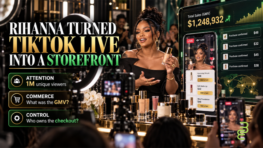 Editorial illustration of a Black beauty entrepreneur hosting a TikTok-style livestream with cosmetics, shopping checkout screens, and sales analytics, exploring Rihanna's live-commerce strategy.