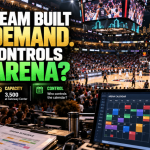 Atlanta-style basketball arena filled with spectators, with a venue scheduling calendar and ticket inventory illustrating the economic tension between WNBA fan demand and arena control.