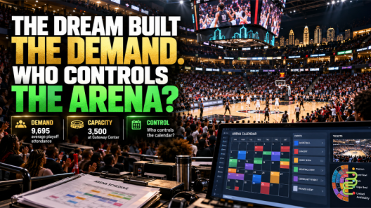 Atlanta-style basketball arena filled with spectators, with a venue scheduling calendar and ticket inventory illustrating the economic tension between WNBA fan demand and arena control.