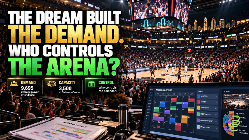 Atlanta-style basketball arena filled with spectators, with a venue scheduling calendar and ticket inventory illustrating the economic tension between WNBA fan demand and arena control.