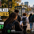 Editorial illustration of N.C. A&T students walking toward an early-voting location in Greensboro, highlighting the time, distance, and transportation costs of voting access.