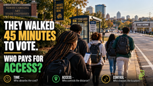 Editorial illustration of N.C. A&T students walking toward an early-voting location in Greensboro, highlighting the time, distance, and transportation costs of voting access.
