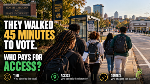 Editorial illustration of N.C. A&T students walking toward an early-voting location in Greensboro, highlighting the time, distance, and transportation costs of voting access.