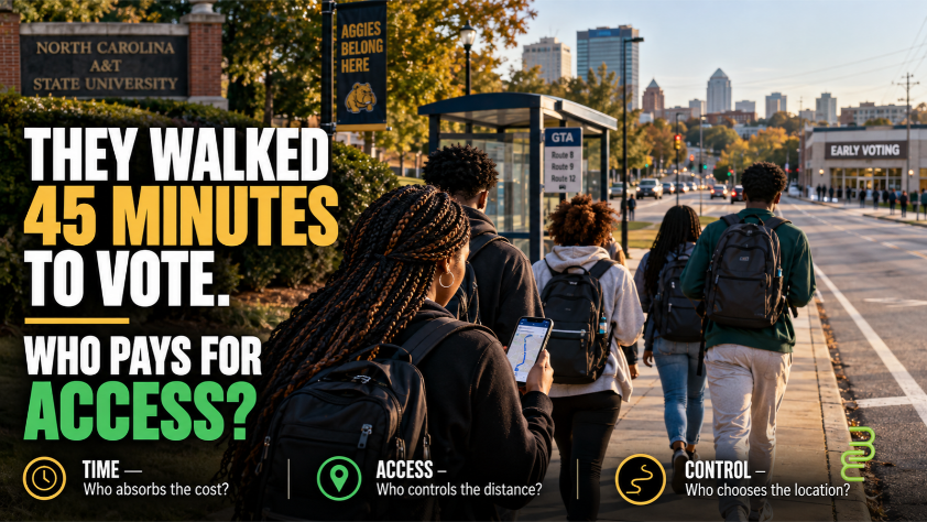 Editorial illustration of N.C. A&T students walking toward an early-voting location in Greensboro, highlighting the time, distance, and transportation costs of voting access.